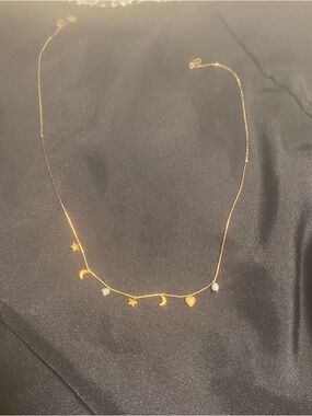 Gold Crescent Moon & Star Charm Necklace with Pearl Accent